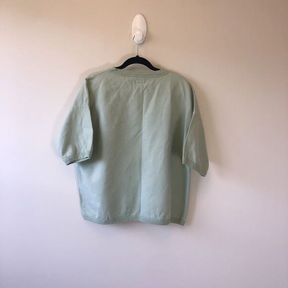 Vintage 90s Bon Jour Paris Crewneck Sweatshirt Cropped Light Green Oversized M/L - Picture 3 of 8